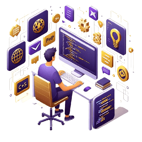 person sitting at a desk with a computer monitor displaying code, surrounded by floating 3D icons representing different web tech